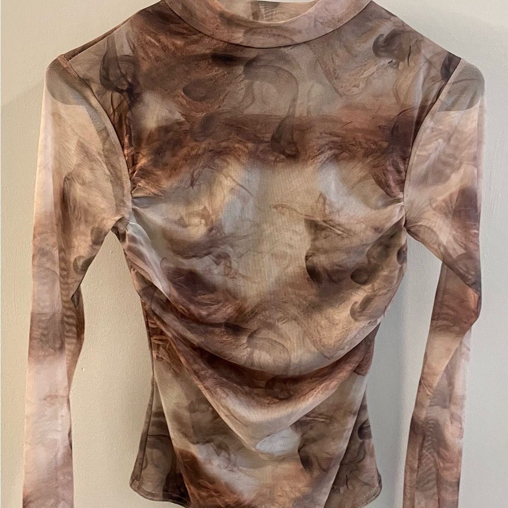 PrettyLittleThing Brown Sheer Long Sleeve Top